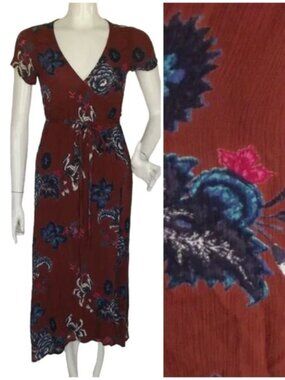 BILLABONG Wrap Dress, S, Rust/Multicolor Floral, Short sleeve, Rayon